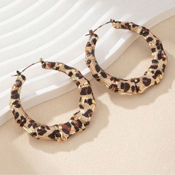 Leopard Gold and Black Hoop Bamboo Joint Earrings - Picture 2 of 6